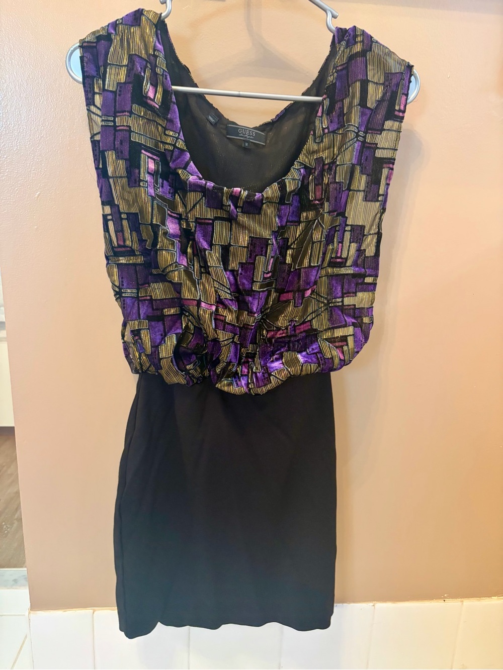 GUESS Black Pencil Skirt with Purple & Gold Geometric Overlay